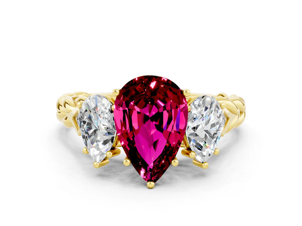 Yellow gold Three-Stone Pear Cut Garnet Braided Band Ring with Four-Prong Setting