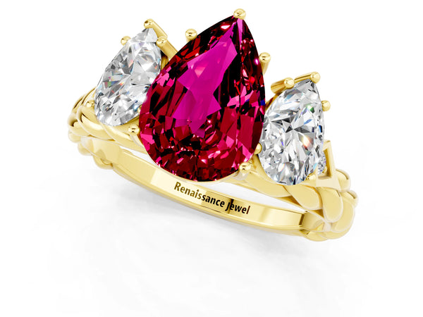 Yellow gold Three-Stone Pear Cut Garnet Braided Band Ring with Four-Prong Setting