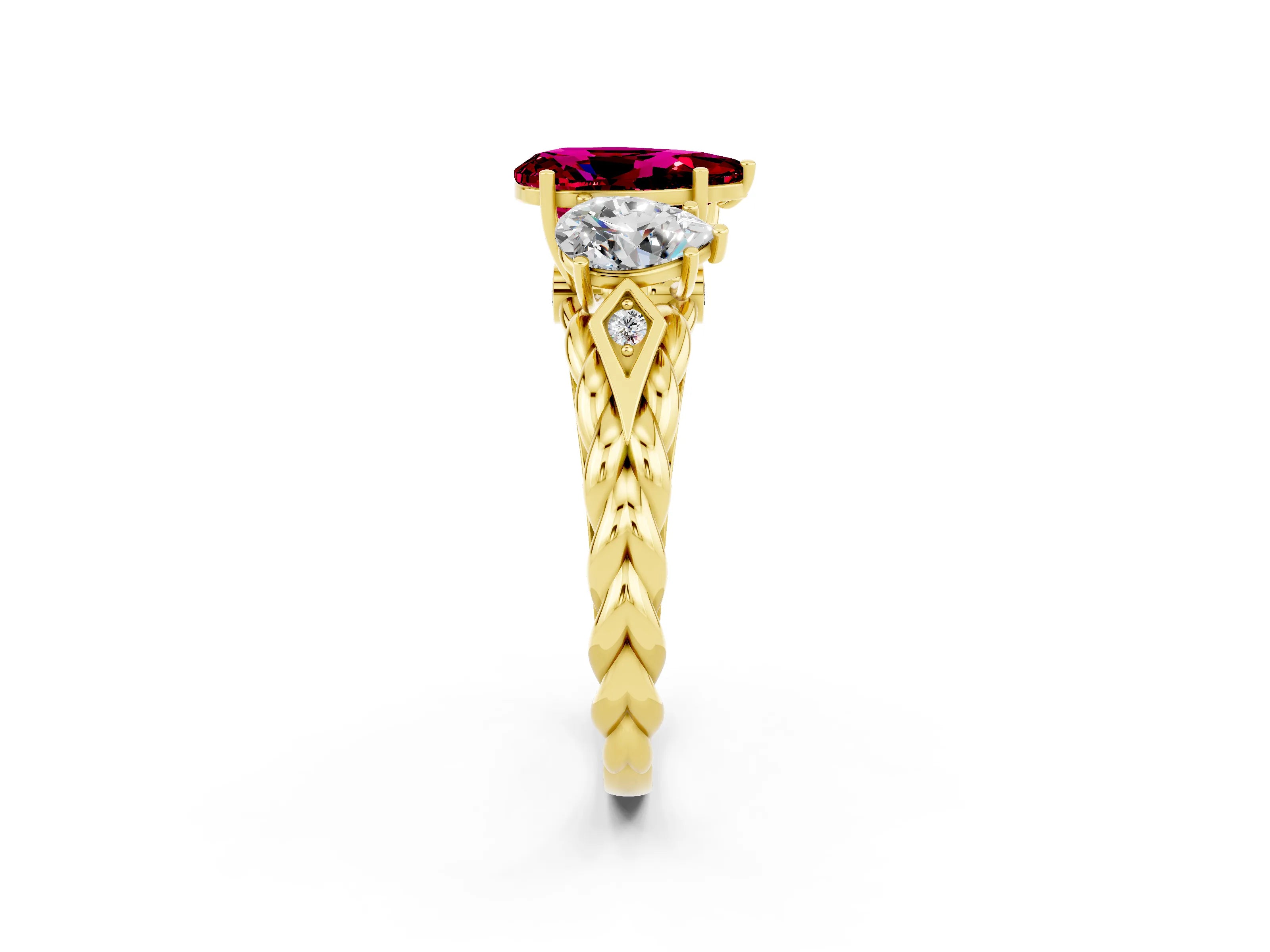 Yellow gold Three-Stone Pear Cut Garnet Braided Band Ring with Four-Prong Setting_14