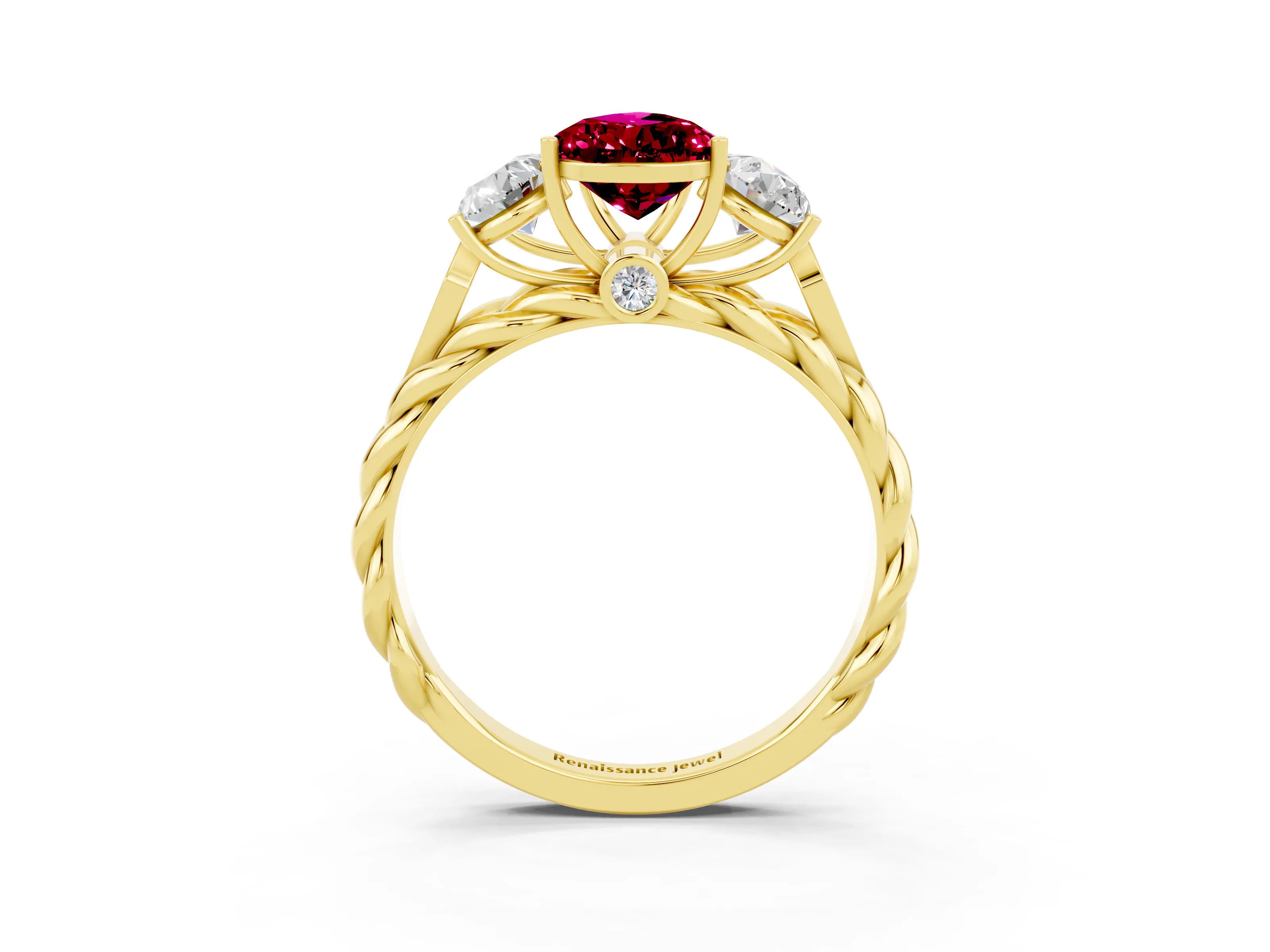 Yellow gold Three-Stone Pear Cut Garnet Braided Band Ring with Four-Prong Setting_15