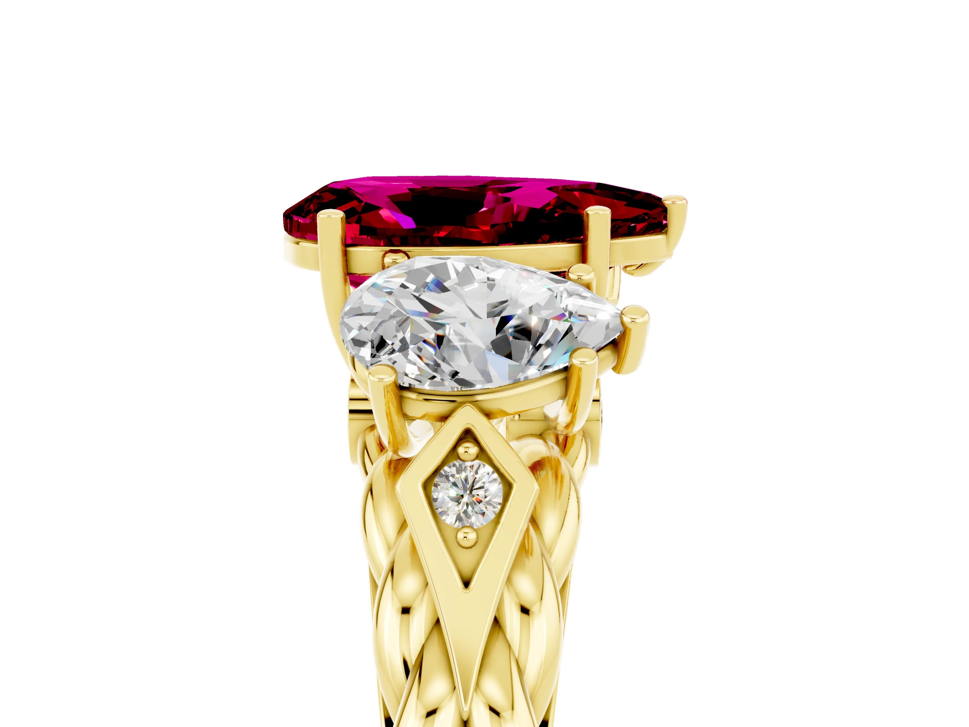 Yellow gold Three-Stone Pear Cut Garnet Braided Band Ring with Four-Prong Setting_17