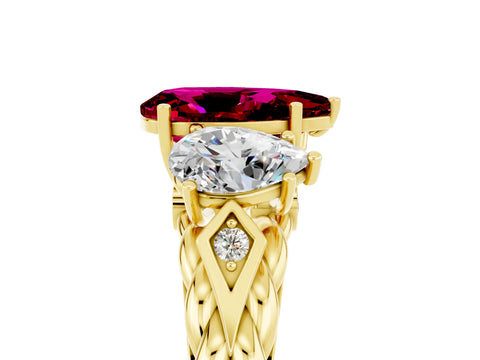 Yellow gold Three-Stone Pear Cut Garnet Braided Band Ring with Four-Prong Setting_17