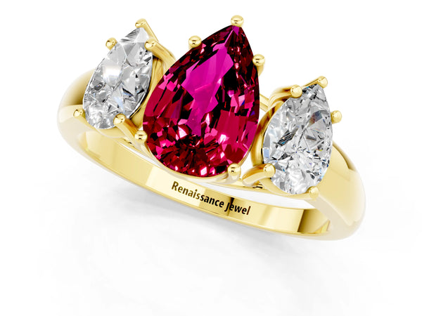 Yellow gold Three-Stone Pear Cut Garnet Engagement Ring with Prong Setting