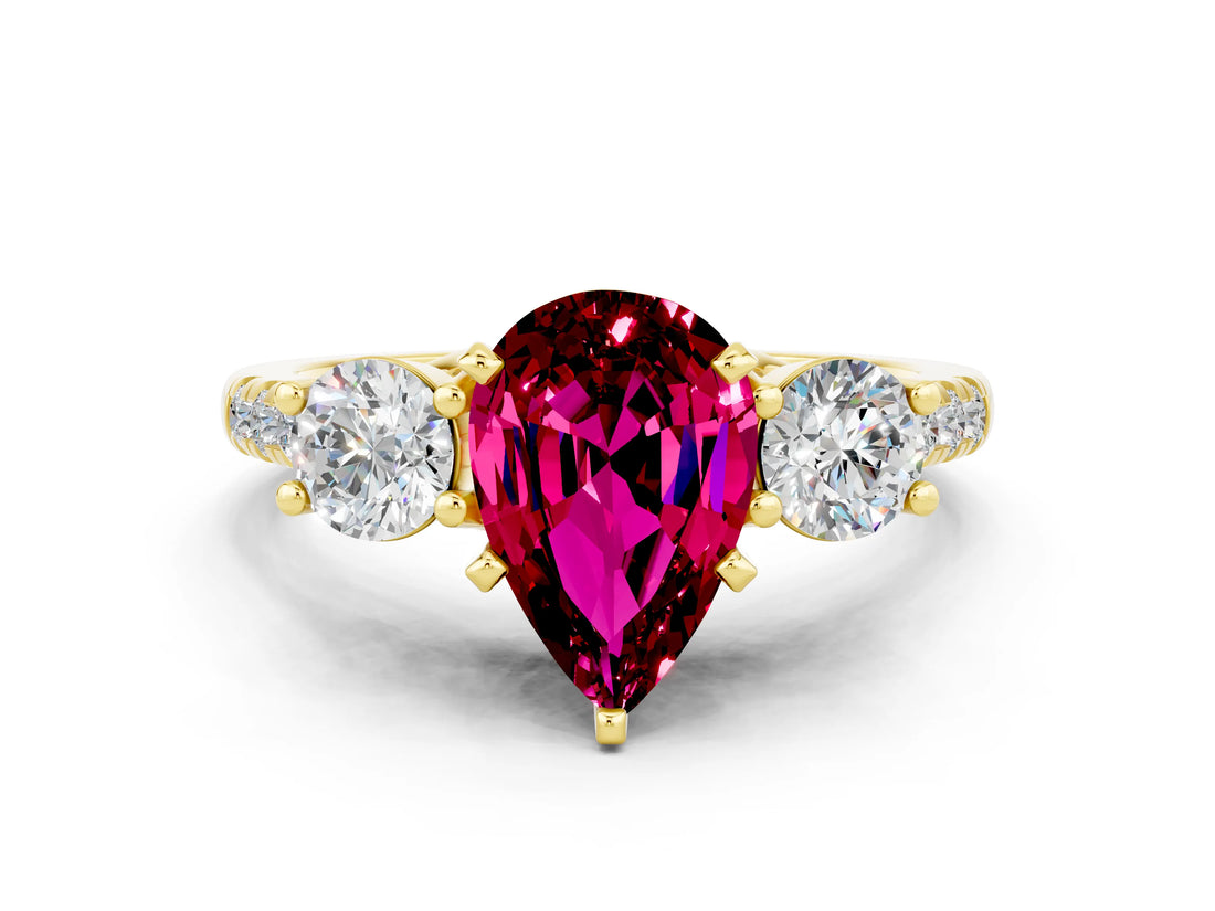 Yellow gold Three-Stone Pear Cut Garnet Pavé Band with Four-Prong Setting