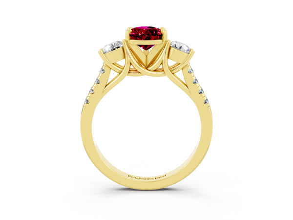Yellow gold Three-Stone Pear Cut Garnet Pavé Band with Four-Prong Setting