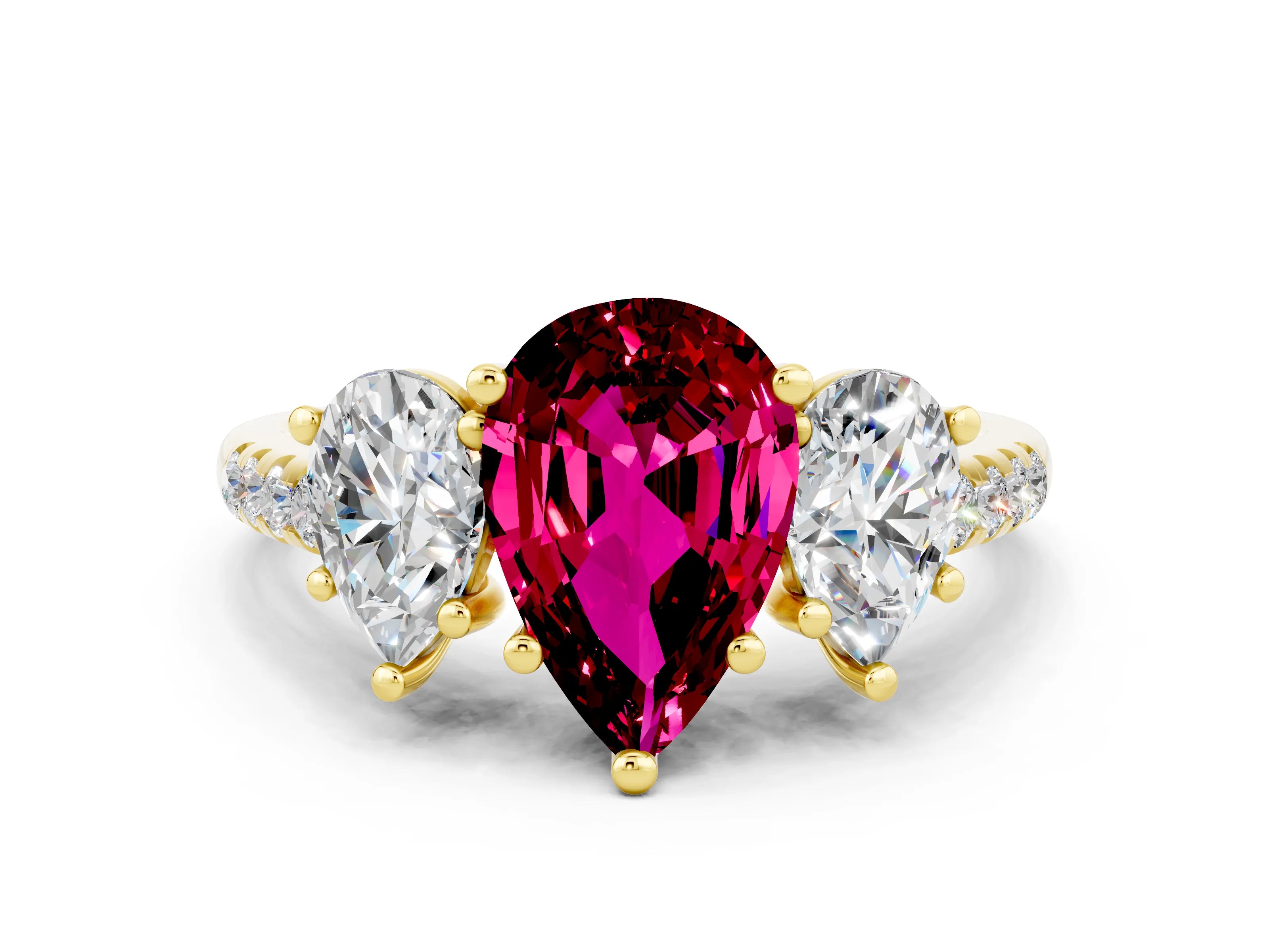 Yellow gold Three-Stone Pear Cut Garnet Ring with Pavé Band and Prong Setting_12