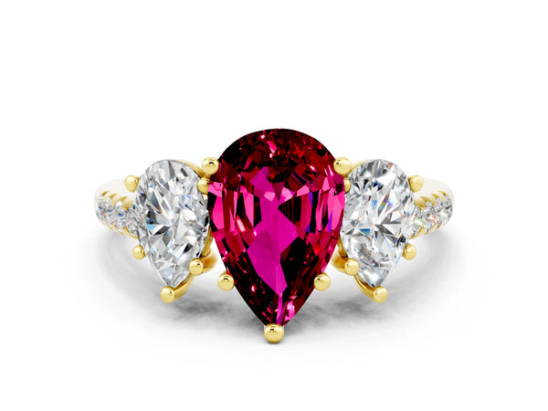 Yellow gold Three-Stone Pear Cut Garnet Ring with Round  Pavé Band and Prong Setting
