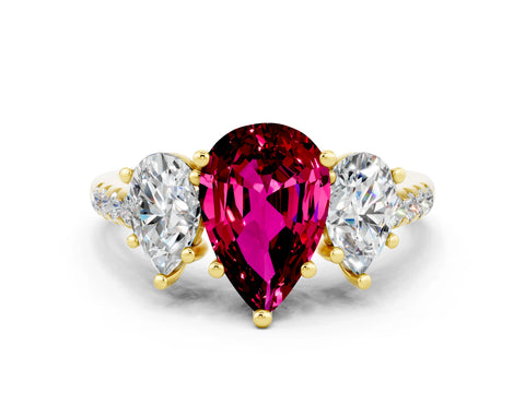 Yellow gold Three-Stone Pear Cut Garnet Ring with Pavé Band and Prong Setting_12