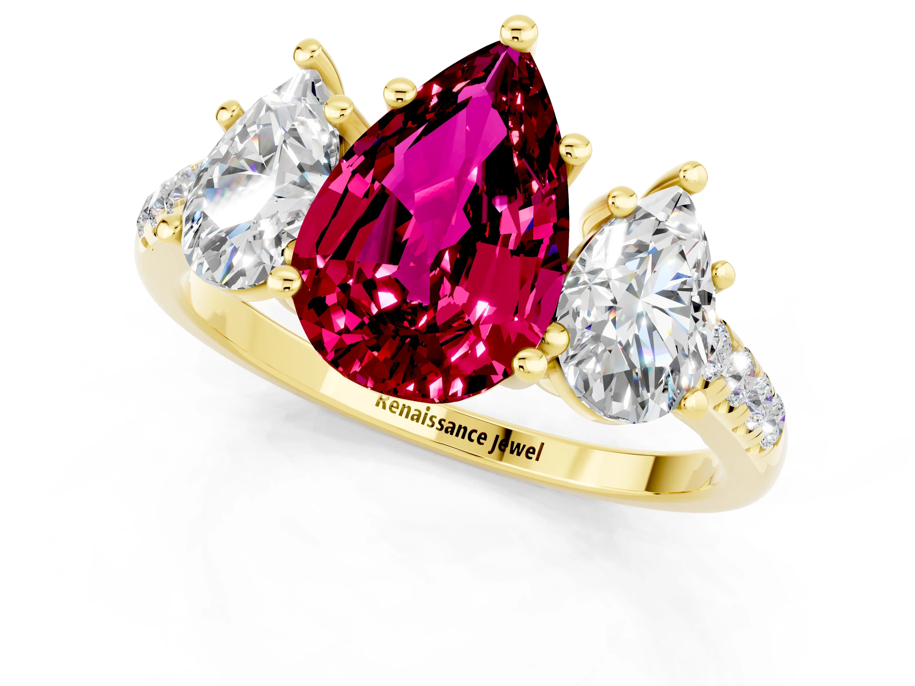 Yellow gold Three-Stone Pear Cut Garnet Ring with Pavé Band and Prong Setting_13
