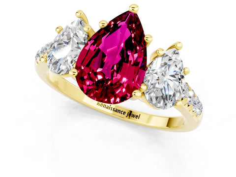 Yellow gold Three-Stone Pear Cut Garnet Ring with Pavé Band and Prong Setting_13