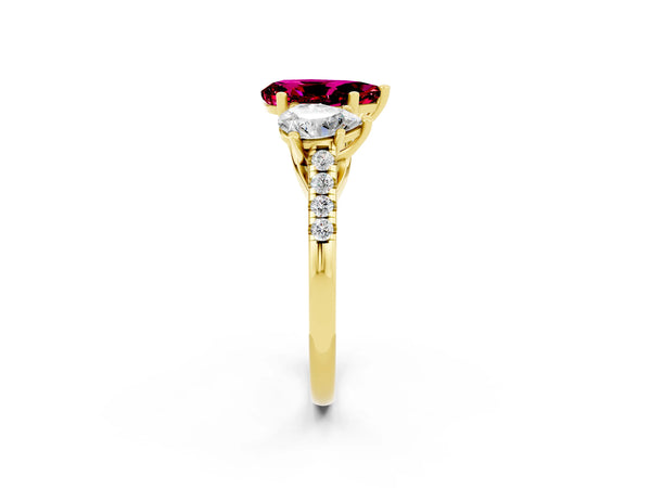 Yellow gold Three-Stone Pear Cut Garnet Ring with Round  Pavé Band and Prong Setting