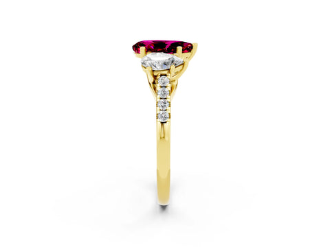 Yellow gold Three-Stone Pear Cut Garnet Ring with Pavé Band and Prong Setting_14