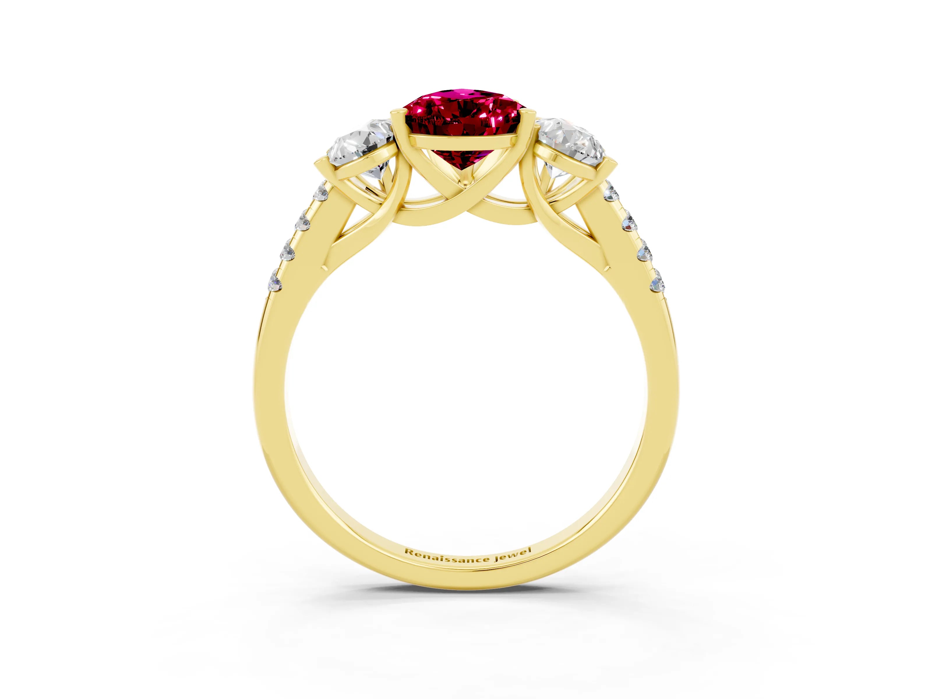Yellow gold Three-Stone Pear Cut Garnet Ring with Pavé Band and Prong Setting_15