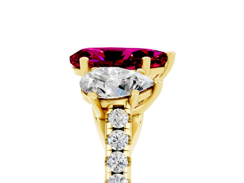 Yellow gold Three-Stone Pear Cut Garnet Ring with Pavé Band and Prong Setting_17