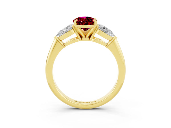 Yellow gold Three-Stone Pear Cut Garnet Ring with Pear Side Stones and Four-Prong Setting