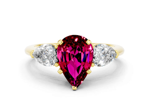 Yellow gold Three-Stone Pear Cut Garnet Ring with Pear Side Stones and Four-Prong Setting