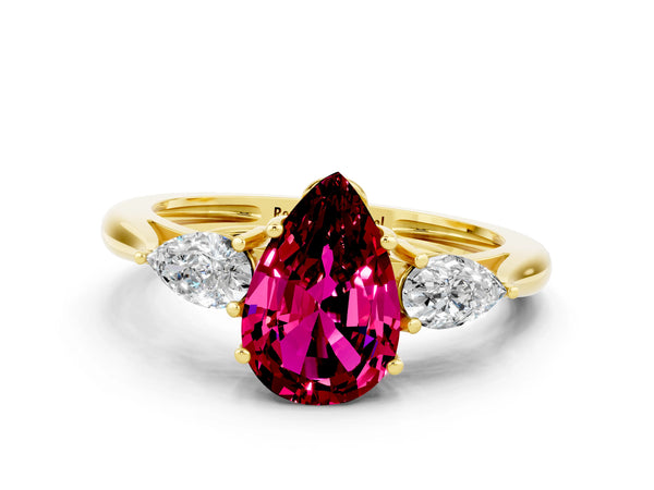 Yellow gold Three-Stone Pear Cut Garnet Ring with Pear  Side Stones in Four-Prong Setting