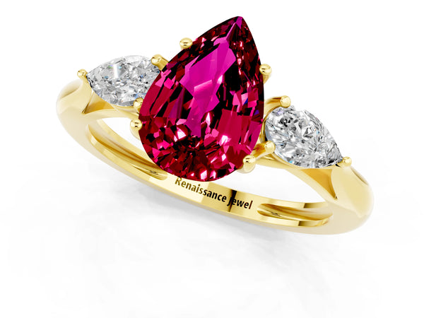 Yellow gold Three-Stone Pear Cut Garnet Ring with Pear  Side Stones in Four-Prong Setting