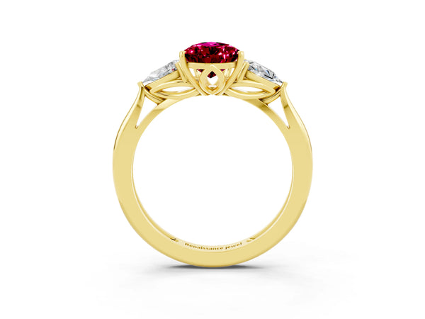Yellow gold Three-Stone Pear Cut Garnet Ring with Pear  Side Stones in Four-Prong Setting