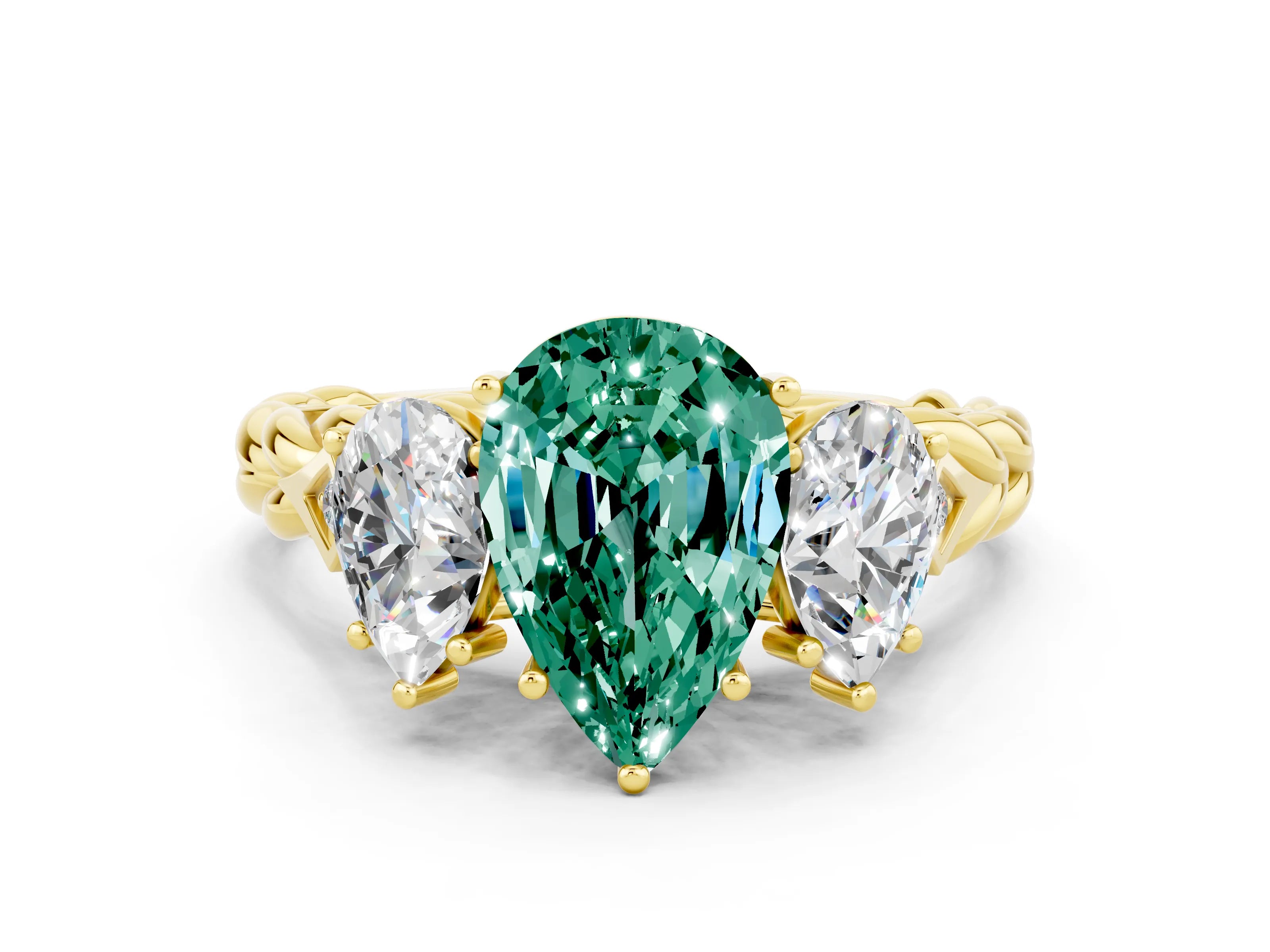 Yellow gold Three-Stone Pear Cut Green Sapphire Braided Band Ring with Four-Prong Setting_12