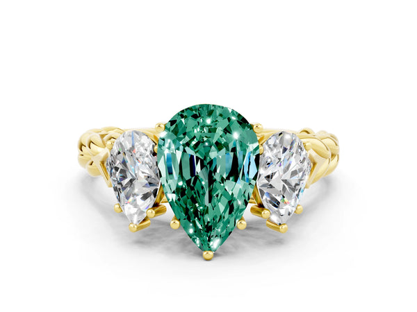 Yellow gold Three-Stone Pear Cut Green Sapphire Braided Band Ring with Four-Prong Setting