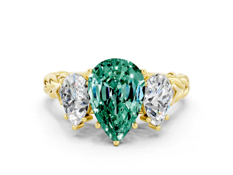 Yellow gold Three-Stone Pear Cut Green Sapphire Braided Band Ring with Four-Prong Setting_12