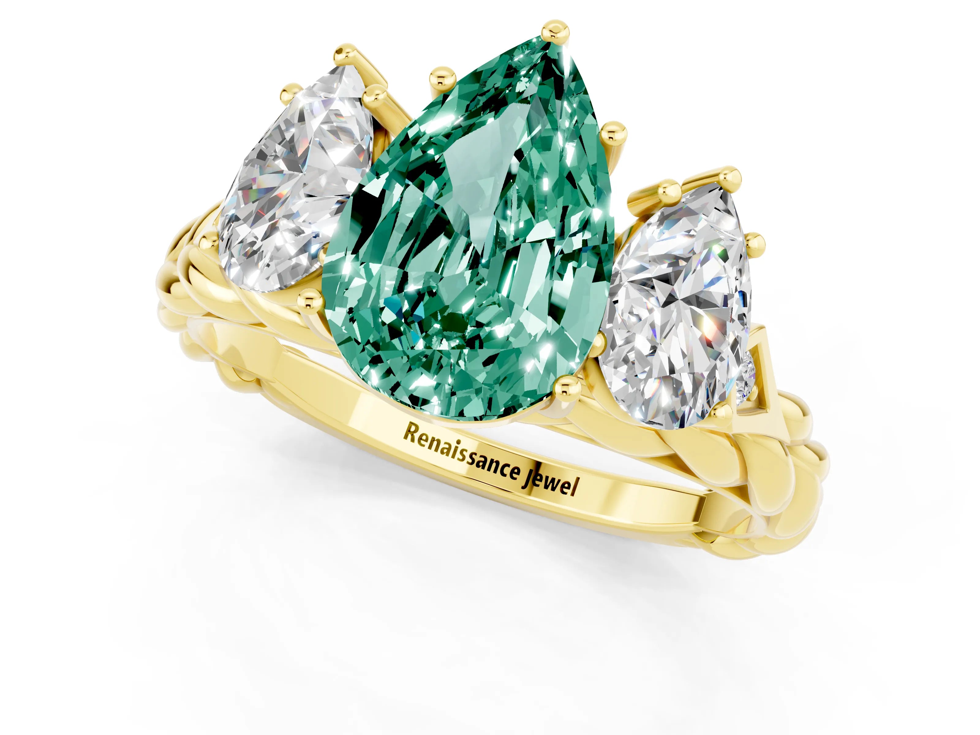 Yellow gold Three-Stone Pear Cut Green Sapphire Braided Band Ring with Four-Prong Setting_13