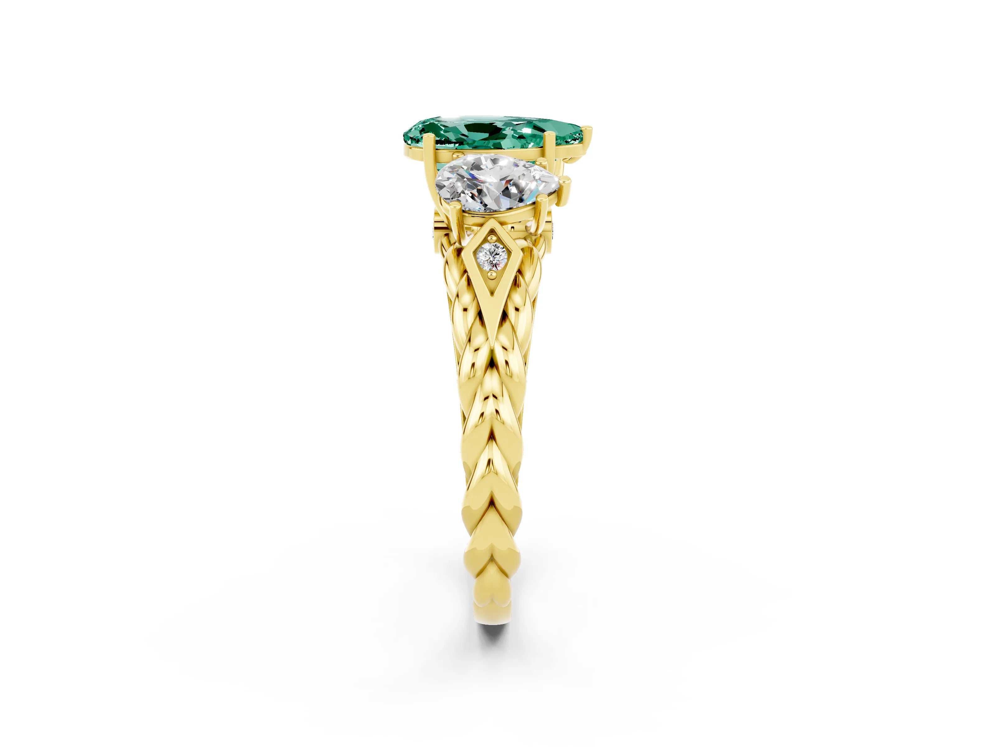 Yellow gold Three-Stone Pear Cut Green Sapphire Braided Band Ring with Four-Prong Setting_14