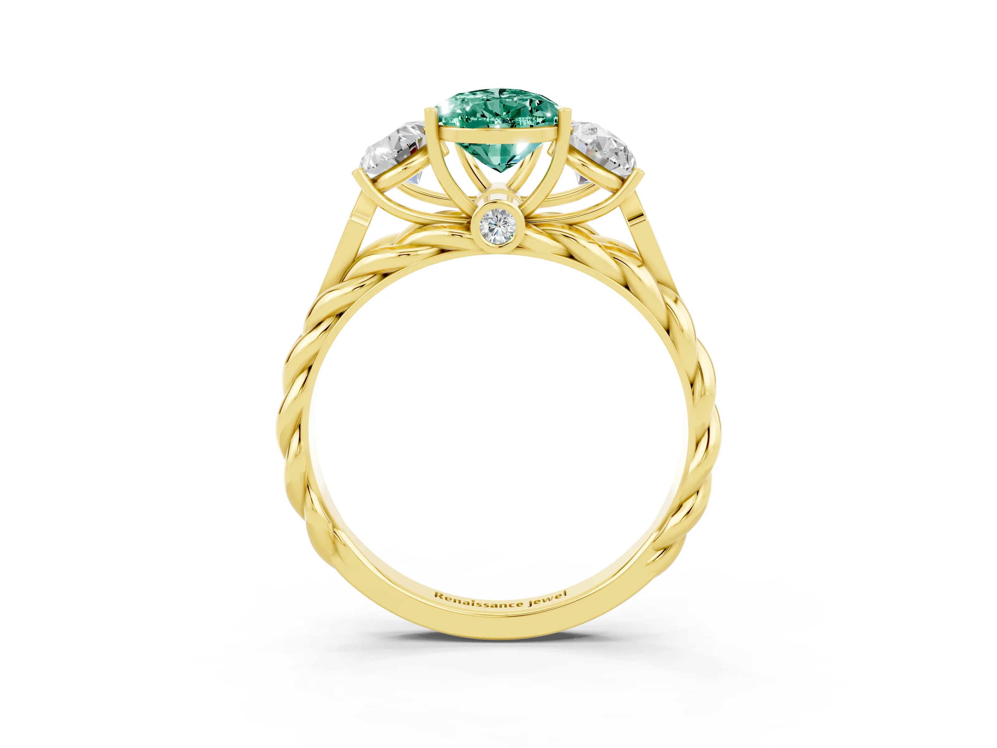 Yellow gold Three-Stone Pear Cut Green Sapphire Braided Band Ring with Four-Prong Setting_15