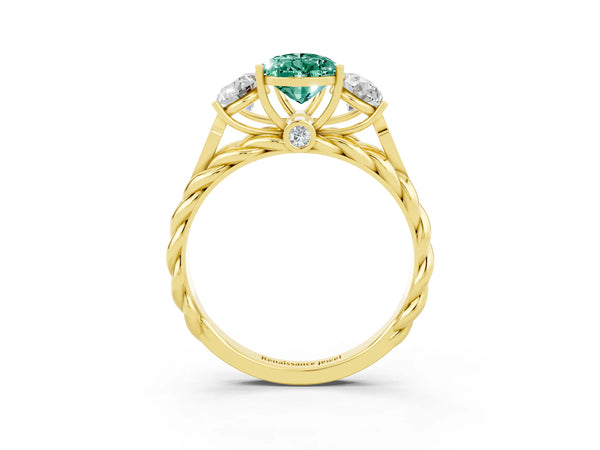 Yellow gold Three-Stone Pear Cut Green Sapphire Braided Band Ring with Four-Prong Setting