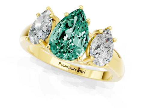 Yellow gold Three-Stone Pear Cut Green Sapphire Engagement Ring with Prong Setting_1