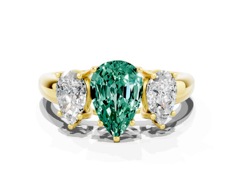Yellow gold Three-Stone Pear Cut Green Sapphire Engagement Ring with Prong Setting