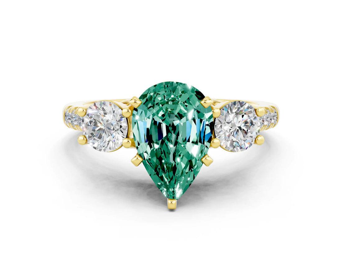 Yellow gold Three-Stone Pear Cut Green Sapphire Pavé Band with Four-Prong Setting
