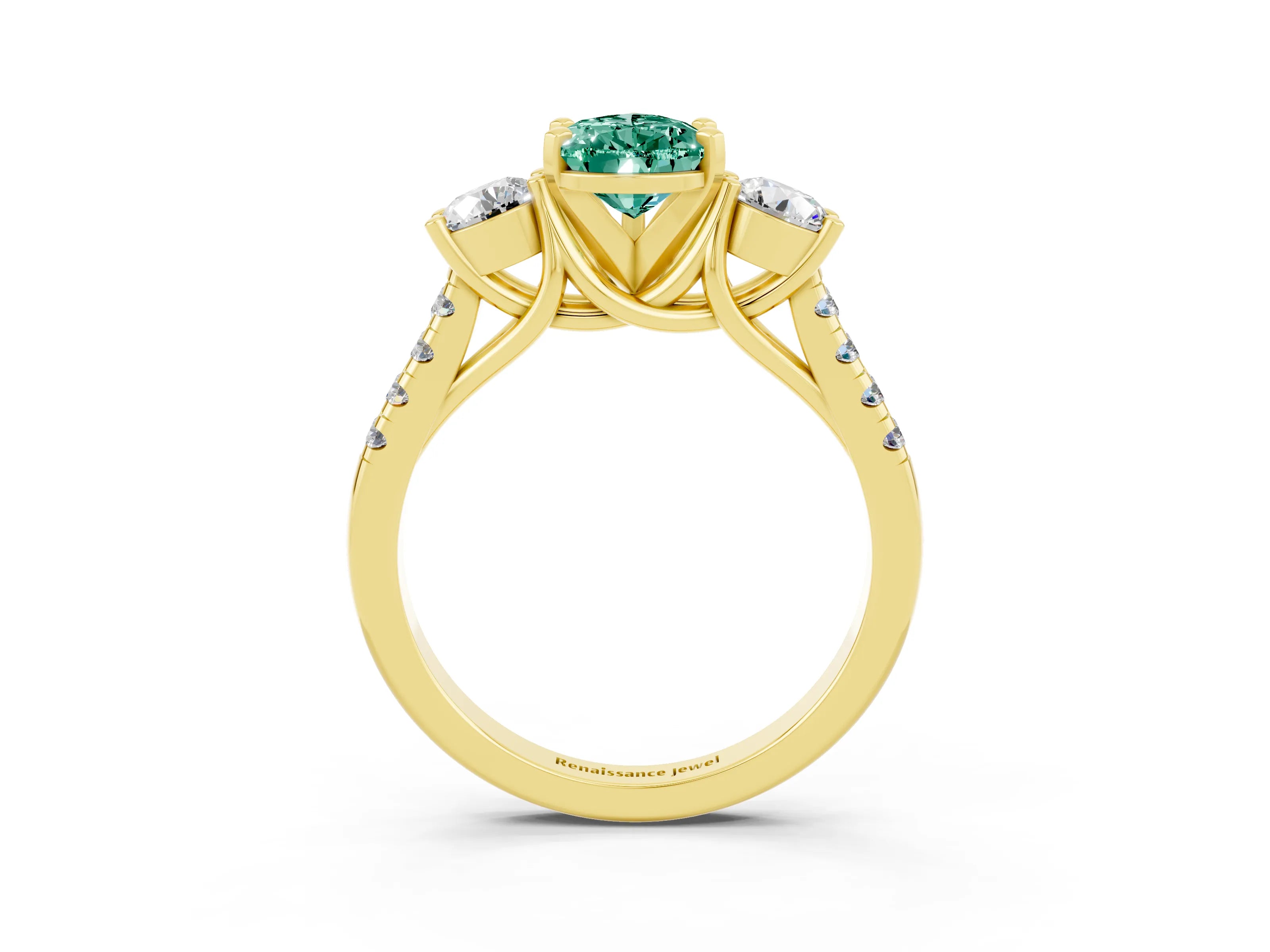 Yellow gold Three-Stone Pear Cut Green Sapphire Pavé Band with Four-Prong Setting_3