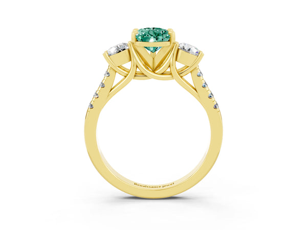 Yellow gold Three-Stone Pear Cut Green Sapphire Pavé Band with Four-Prong Setting