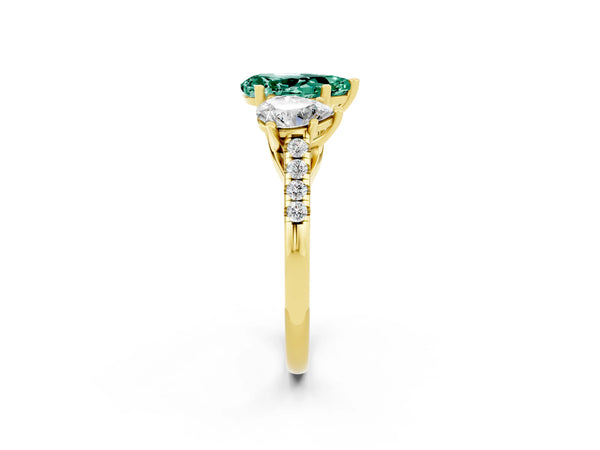 Yellow gold Three-Stone Pear Cut Green Sapphire Ring with Round  Pavé Band and Prong Setting