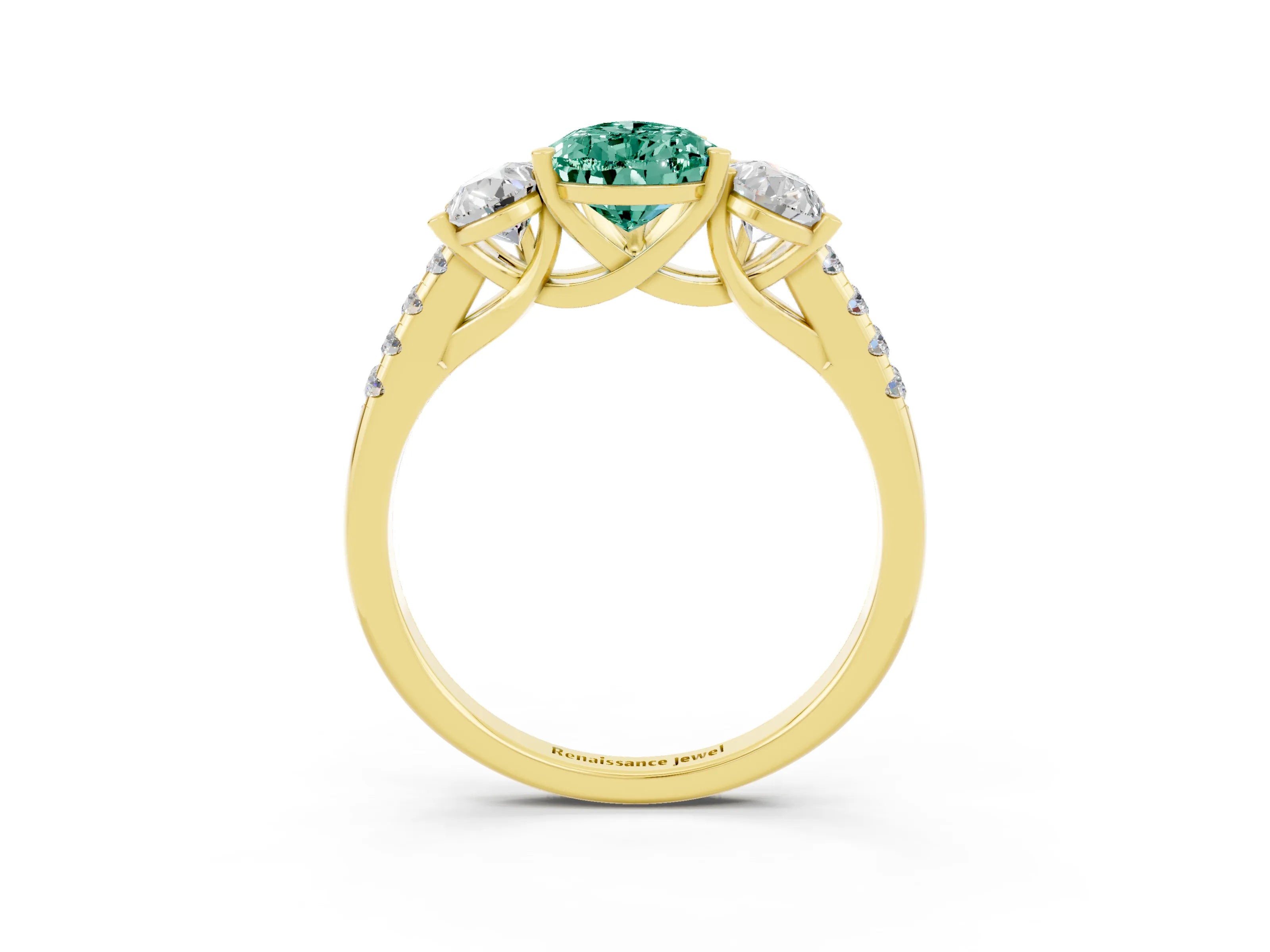 Yellow gold Three-Stone Pear Cut Green Sapphire Ring with Pavé Band and Prong Setting_15