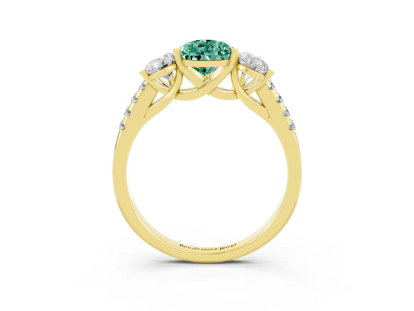 Yellow gold Three-Stone Pear Cut Green Sapphire Ring with Round  Pavé Band and Prong Setting
