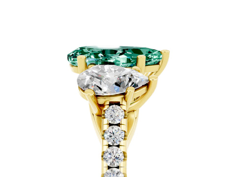 Yellow gold Three-Stone Pear Cut Green Sapphire Ring with Pavé Band and Prong Setting_17