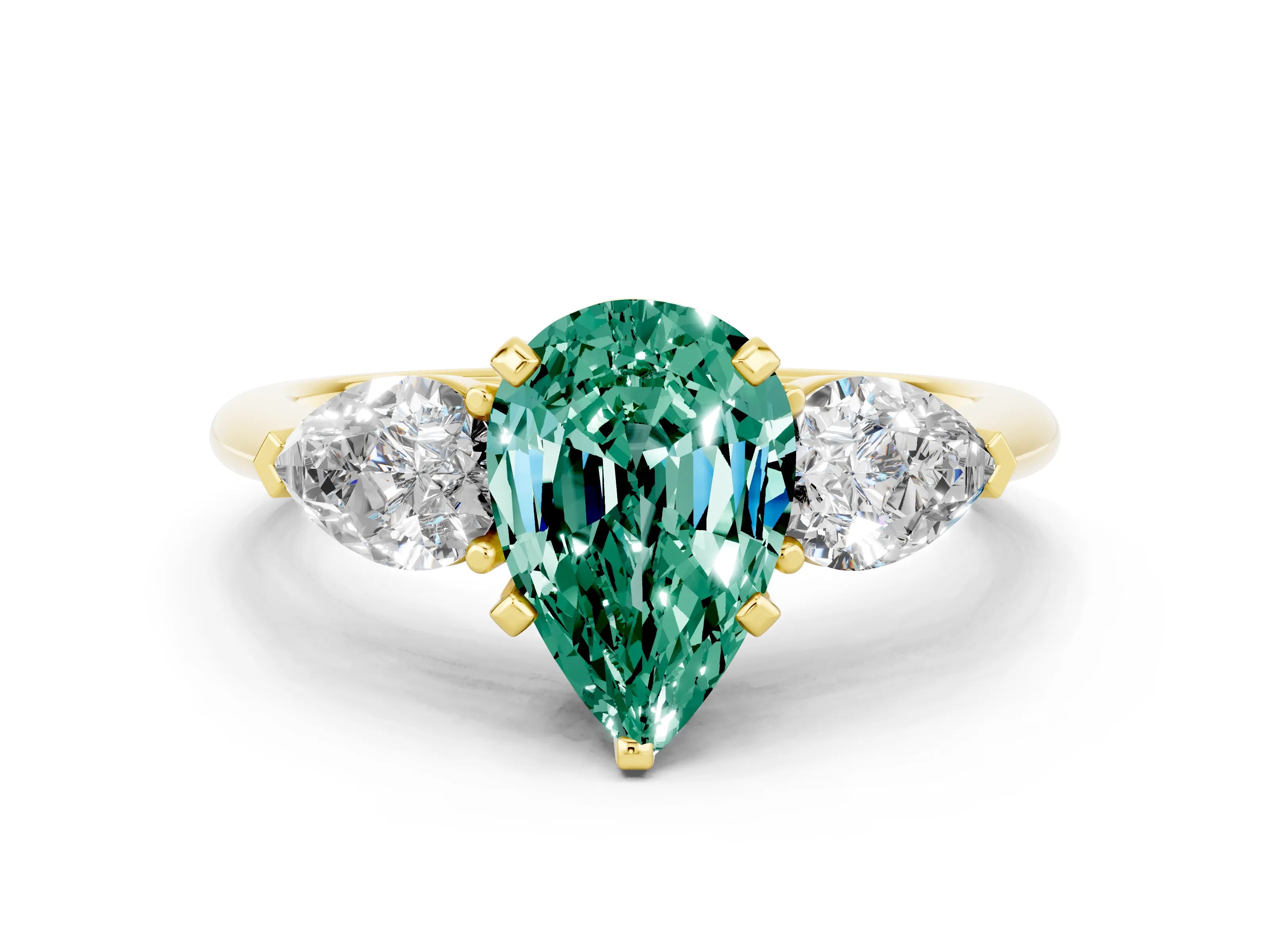 Yellow gold Three-Stone Pear Cut Green Sapphire Ring with Pear Side Stones and Four-Prong Setting