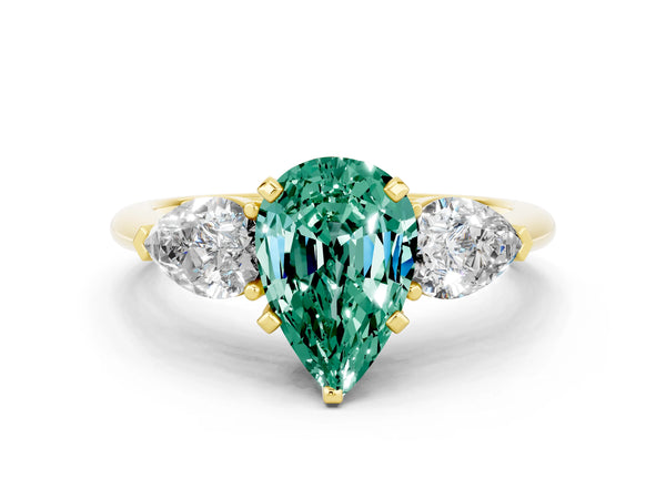 Yellow gold Three-Stone Pear Cut Green Sapphire Ring with Pear Side Stones and Four-Prong Setting