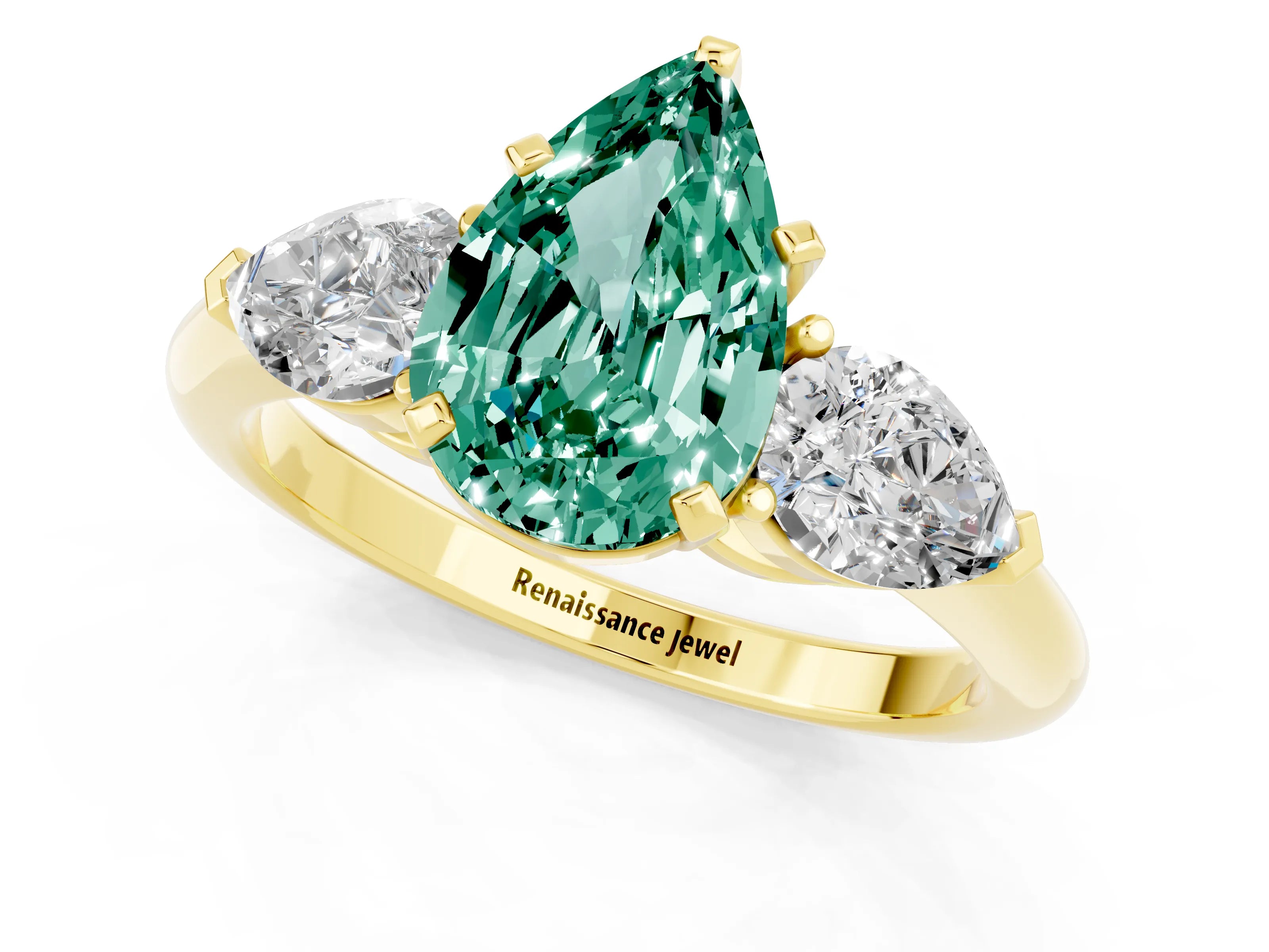 Yellow gold Three-Stone Pear Cut Green Sapphire Ring with Pear Side Stones and Four-Prong Setting_1