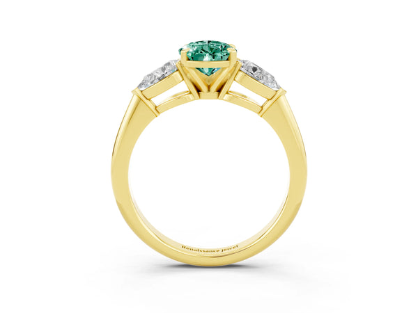 Yellow gold Three-Stone Pear Cut Green Sapphire Ring with Pear Side Stones and Four-Prong Setting