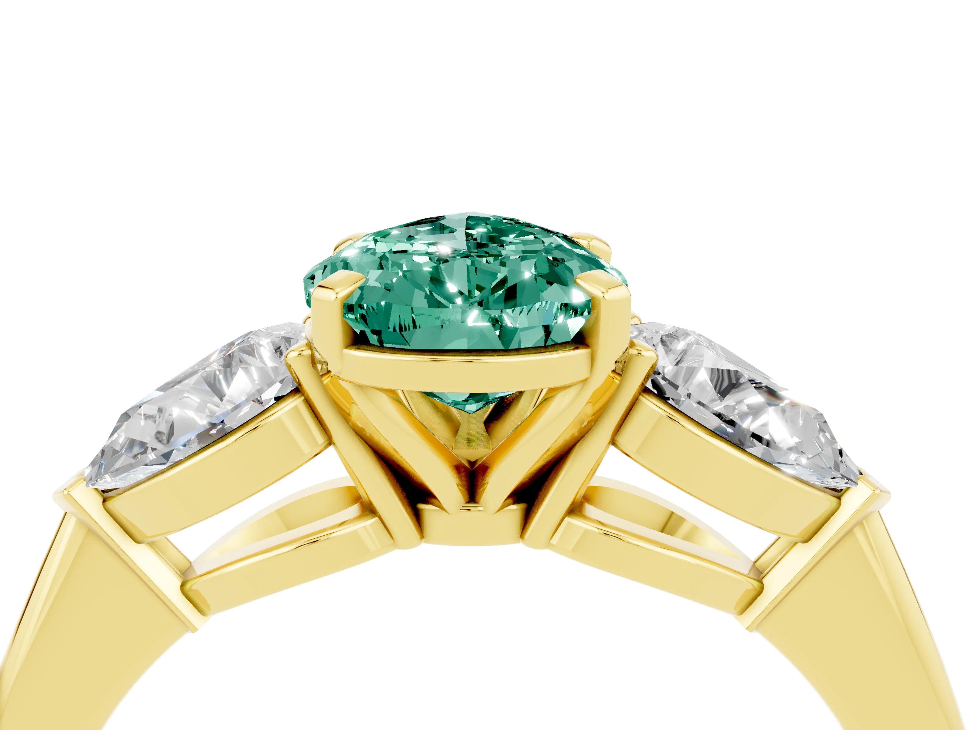 Yellow gold Three-Stone Pear Cut Green Sapphire Ring with Pear Side Stones and Four-Prong Setting_4