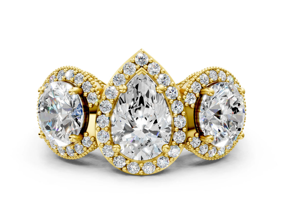 Yellow gold Three-Stone Pear Cut Halo Diamond Milgrain Band with Four-Prong Setting_3