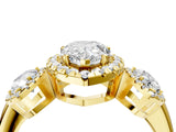 Yellow gold Three-Stone Pear Cut Halo Diamond Ring with Pave Band and Four-Prong Setting_11