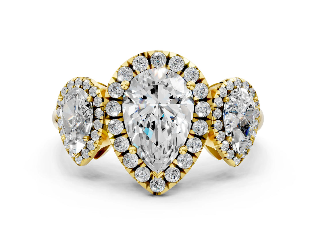 Yellow gold Three-Stone Pear Cut Halo Diamond Ring with Pave Band and Four-Prong Setting_7