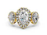 Yellow gold Three-Stone Pear Cut Halo Diamond Ring with Pave Band and Four-Prong Setting_7