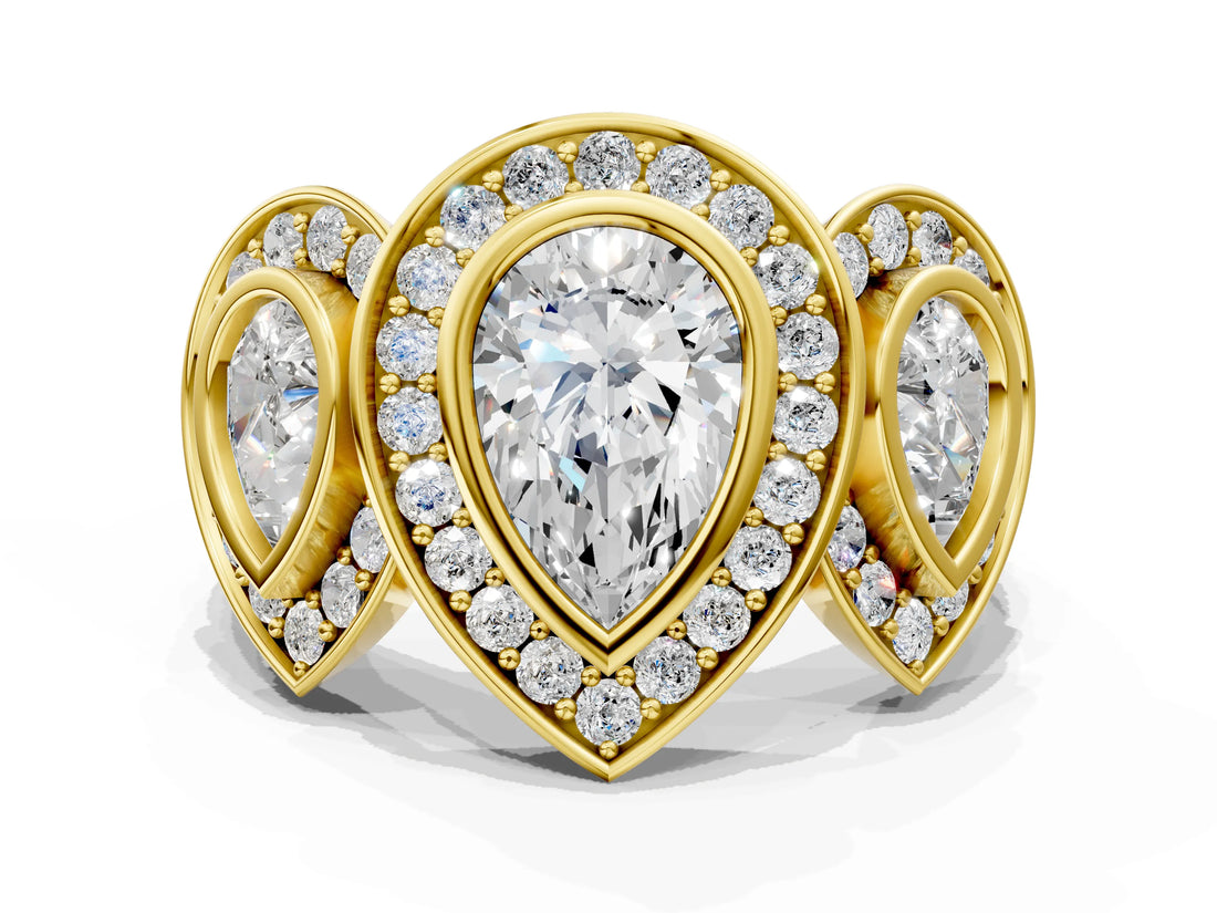 Yellow gold Three-Stone Pear Cut Halo Pavé Diamond Ring_3