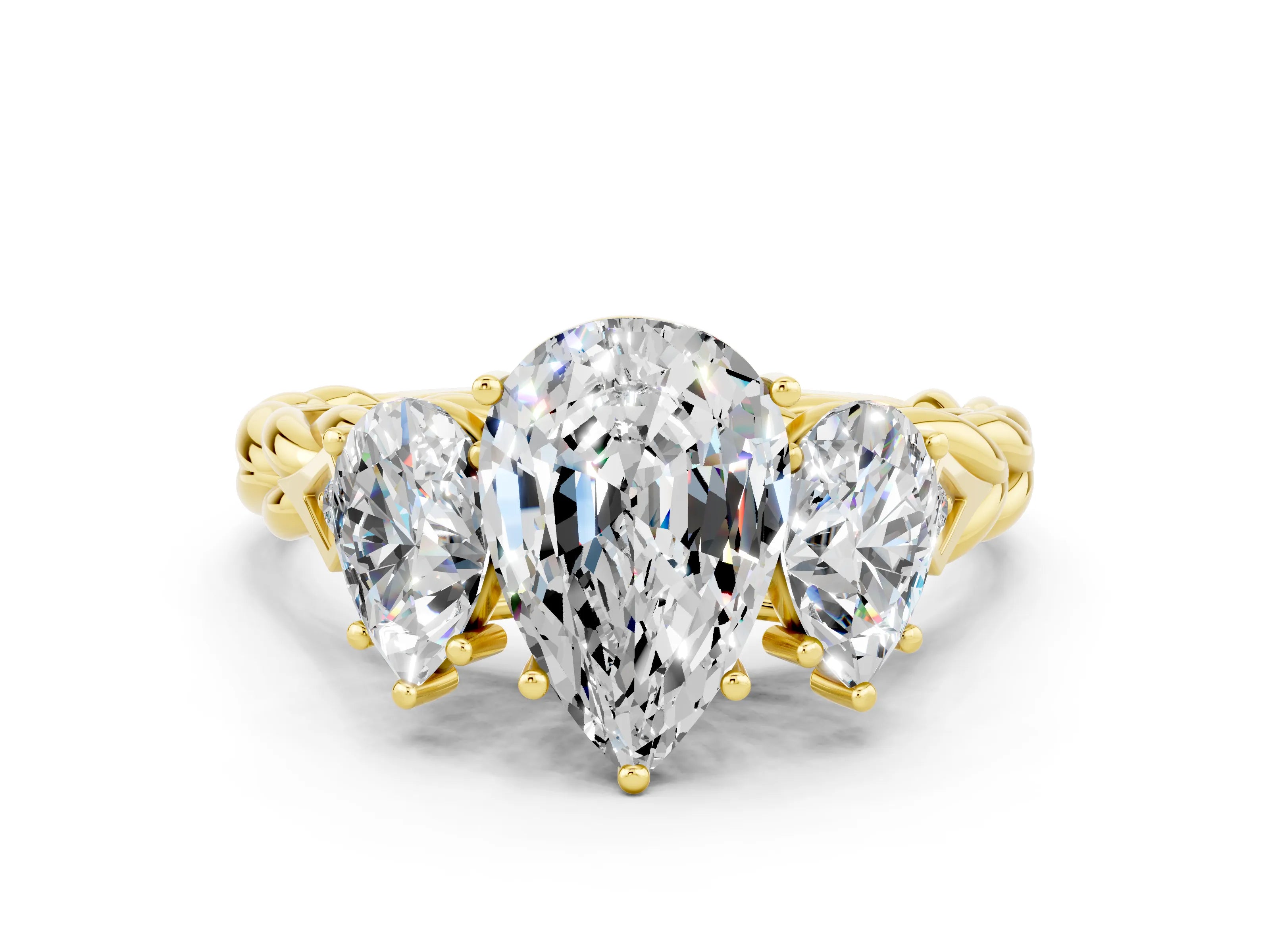 Yellow gold Three-Stone Pear Cut Moissanite Braided Band Ring with Four-Prong Setting_12